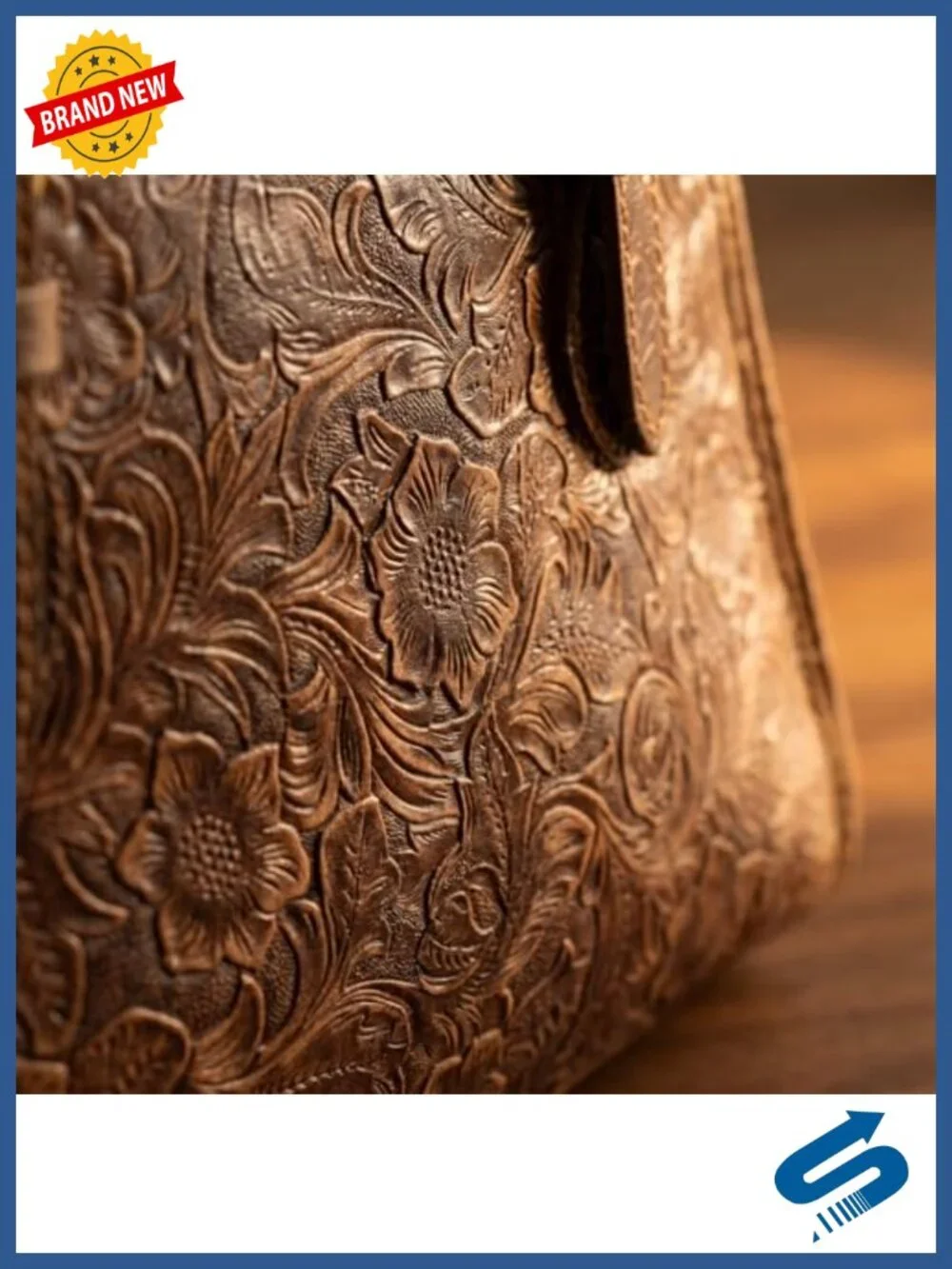 Genuine Full Grain Leather Tote Bag for Women Vintage Work Bag Floral Embossed